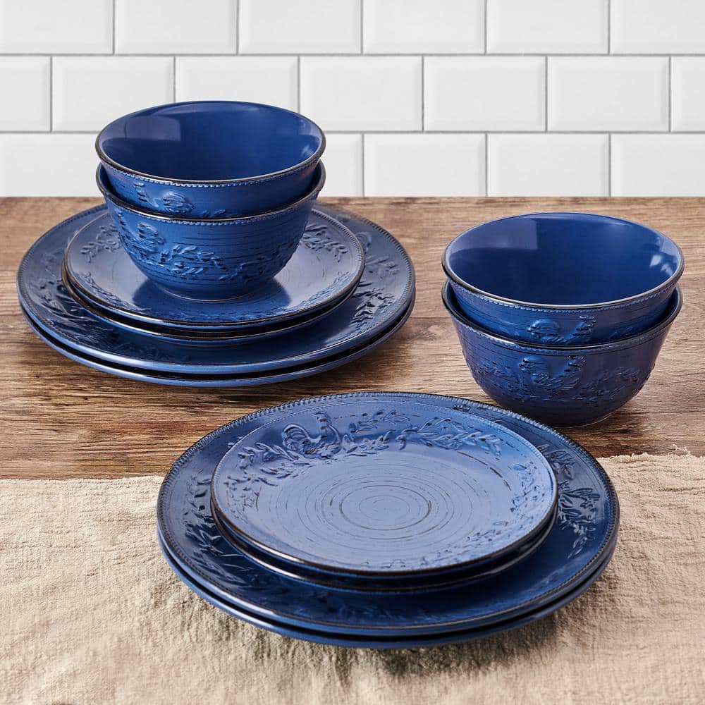 Trellis Blue Ceramic Rooster 12-Piece Dinnerware Set