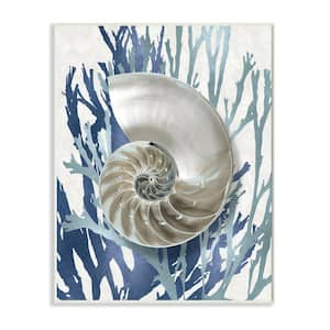 "Shell Coral Beach Blue Design" by Caroline Kelly Unframed Nature Wood Wall Art Print 13 in. x 19 in.