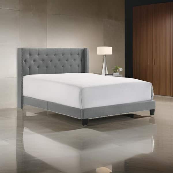 Gray Wood Frame Full Platform Bed with Tufted Headboard