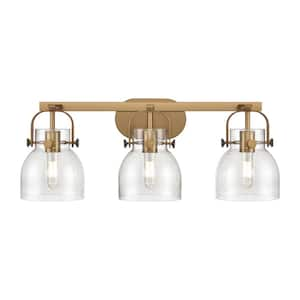 Pilaster II Bell 26.5 in. 3-Light Brushed Brass Vanity Light with Glass Shade