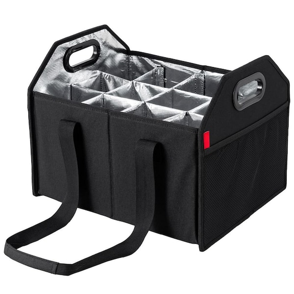 Reusable Foldable 12-Bottle Wine Carrier Tote Bag in Black Sturdy Cardboard-Lined with Removable Dividers
