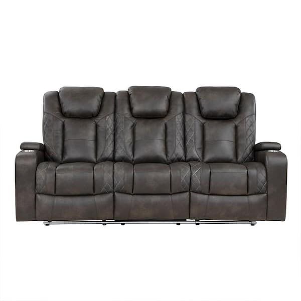 Unbranded Hazen 83 in. W Straight Arms Faux Leather Rectangle Power Double Reclining Sofa with Power Headrests in. Brownish Gray