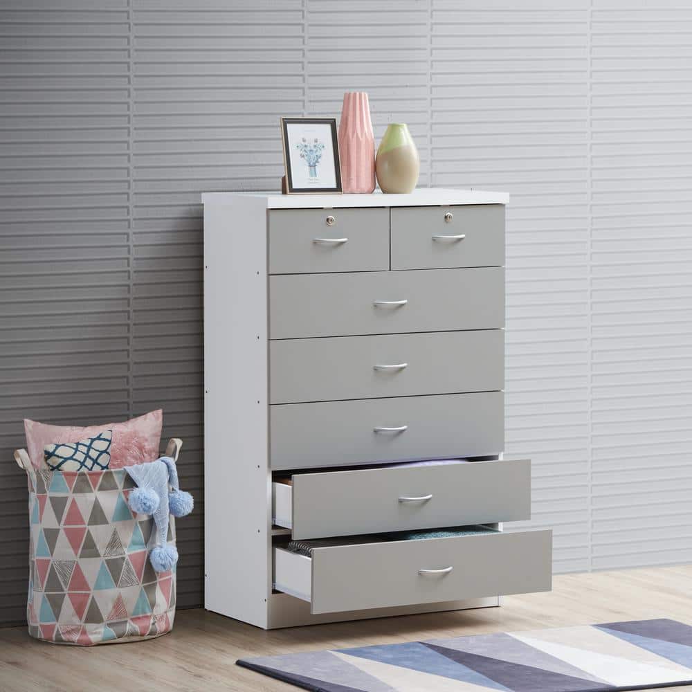 Gray Wood 48" 7-Drawer Roller Chest with Locking Top Drawers