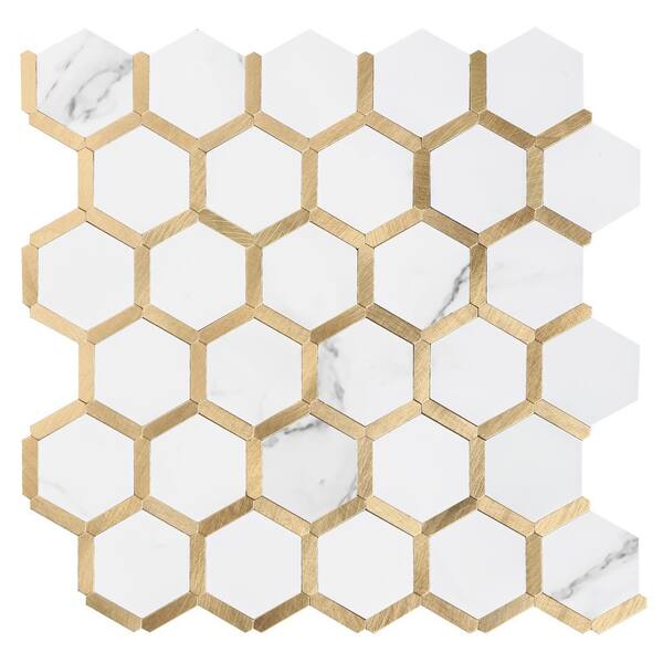 Yipscazo Hexagon Marble White with Golden 12 in. x 12 in. PVC Peel and ...