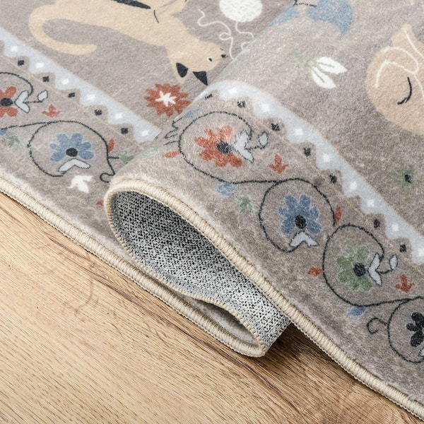 Catmosphere Festive Feline Floral Border Non-Slip Machine-Washable Taupe 5 ft. x 8 ft. Area Rug