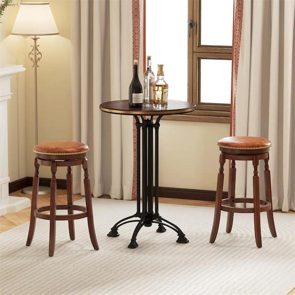 Costway 29.5 in. Walnut Brown Backless Rubber Wood Bar Stool with PU Leather Seat (Set of 2)