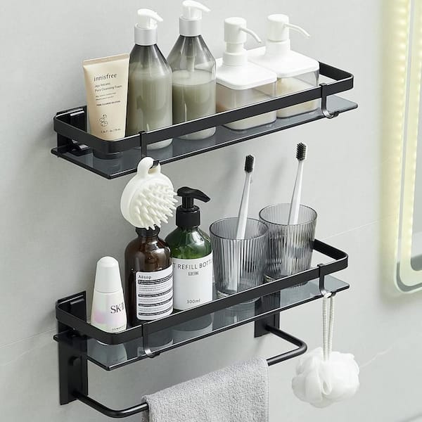 Aoibox 2 Pcs 4.7 in. W x 1.8 in. H x 12.8 in. D Steel Rectangular Shower Bath Shelf in Gray with Towel Bar and Removable Hooks