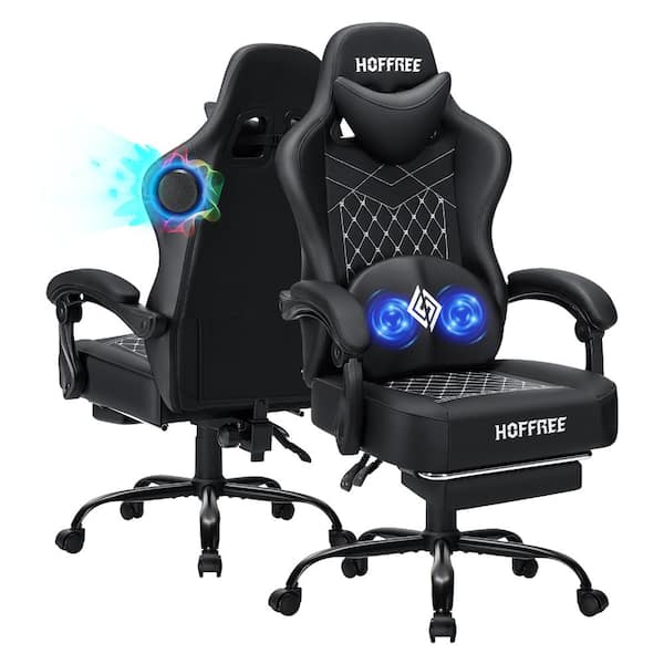 Faux Leather Bluetooth Speakers Ergonomic Gaming Chair in Black with Vibration Lumbar Pillow
