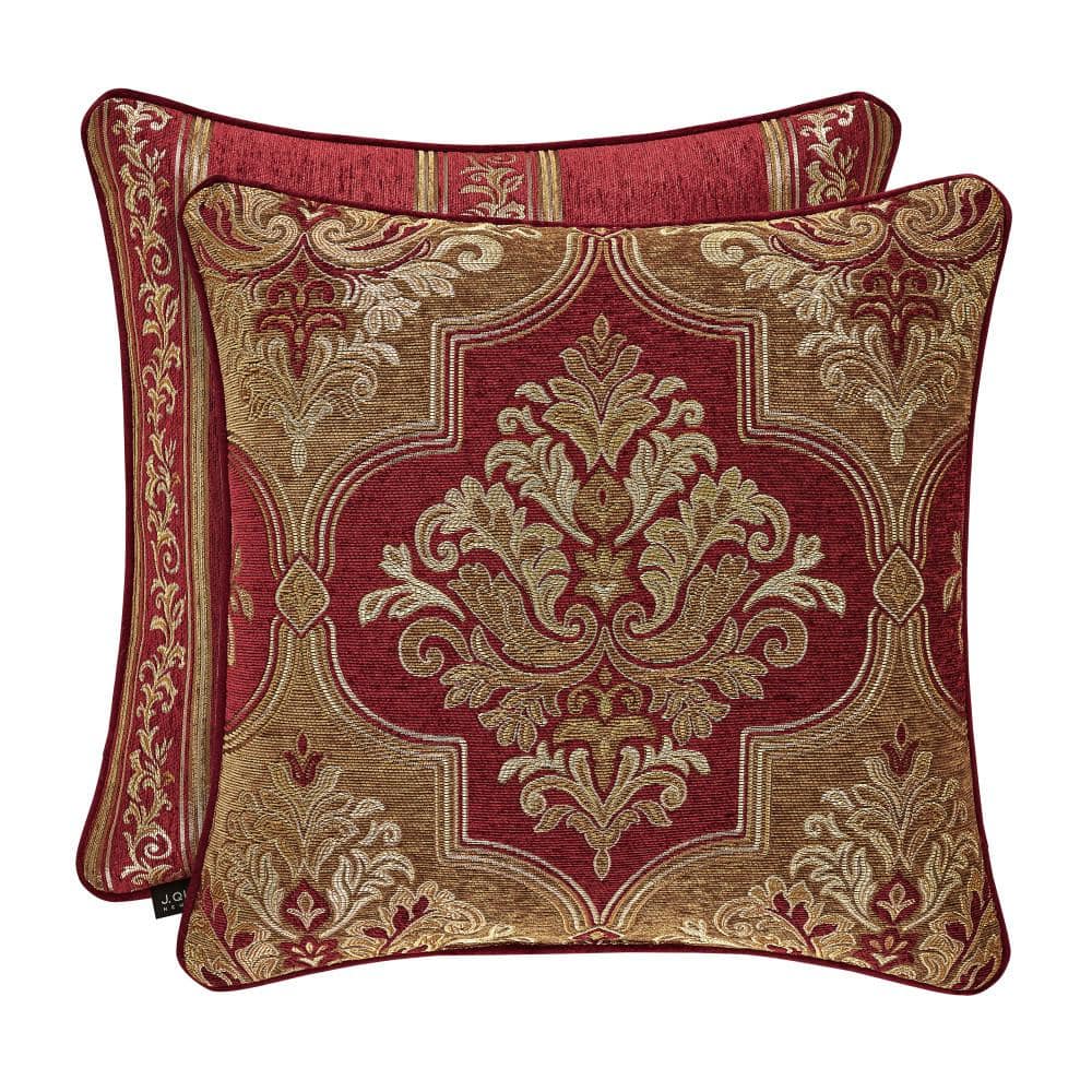 Matilda 20" Red and Gold Embroidered Square Throw Pillow