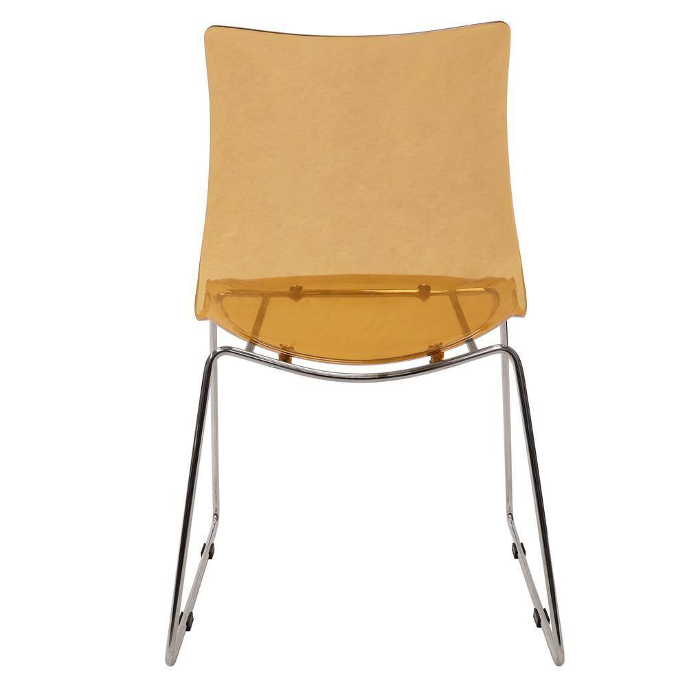 Back view of an amber transparent acrylic dining chair with chrome metal legs.