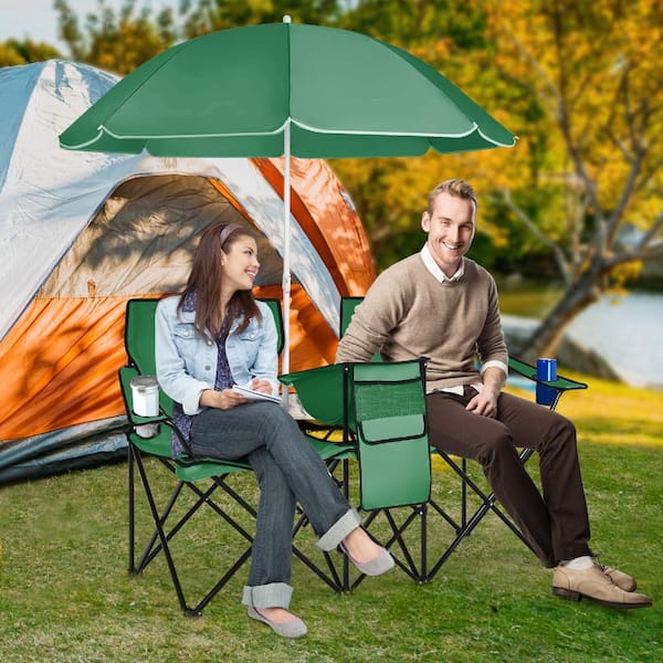 double patio chair with umbrella Camping Umbrella, Folding Loveseat Chairs with Canopy Shade, Portable Beach Chair Outdoor Picnic Chair Folding Chair for Beach Lawn Yard Garden Camping Picnic Travel : Sports & mini table with cooler bag Outdoor Furniture Double Chaise Lounge