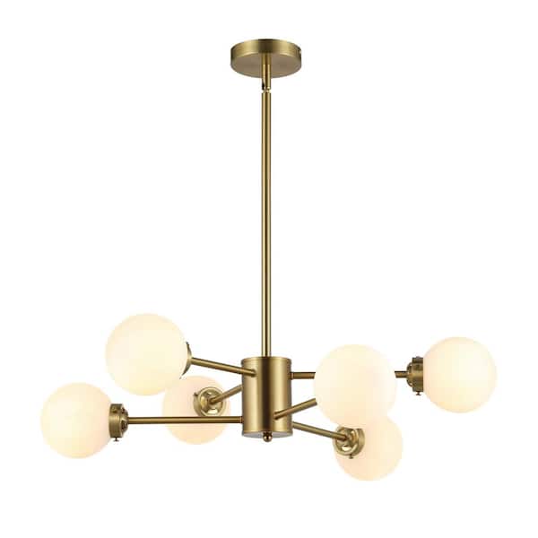 WINGBO 6-Light Gold Modern Chandelier Sputnik Pedant Light Fixture with Large Opal White Glass Globe Shade