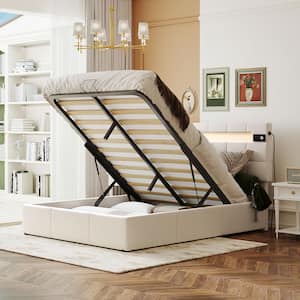 Beige Wood Frame Full Size Upholstered Platform Bed with LED light, Bluetooth Player. USB Ports, Hydraulic Storage