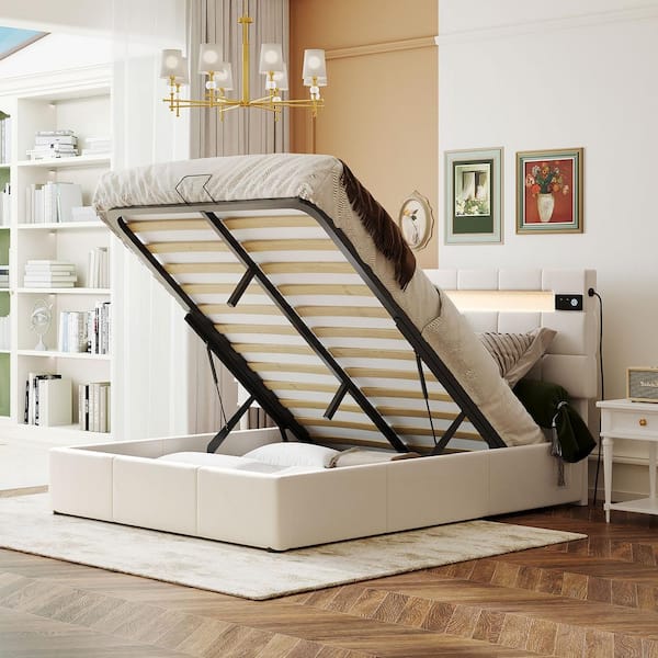 Harper & Bright Designs Beige Wood Frame Full Size Upholstered Platform Bed with LED light, Bluetooth Player. USB Ports, Hydraulic Storage