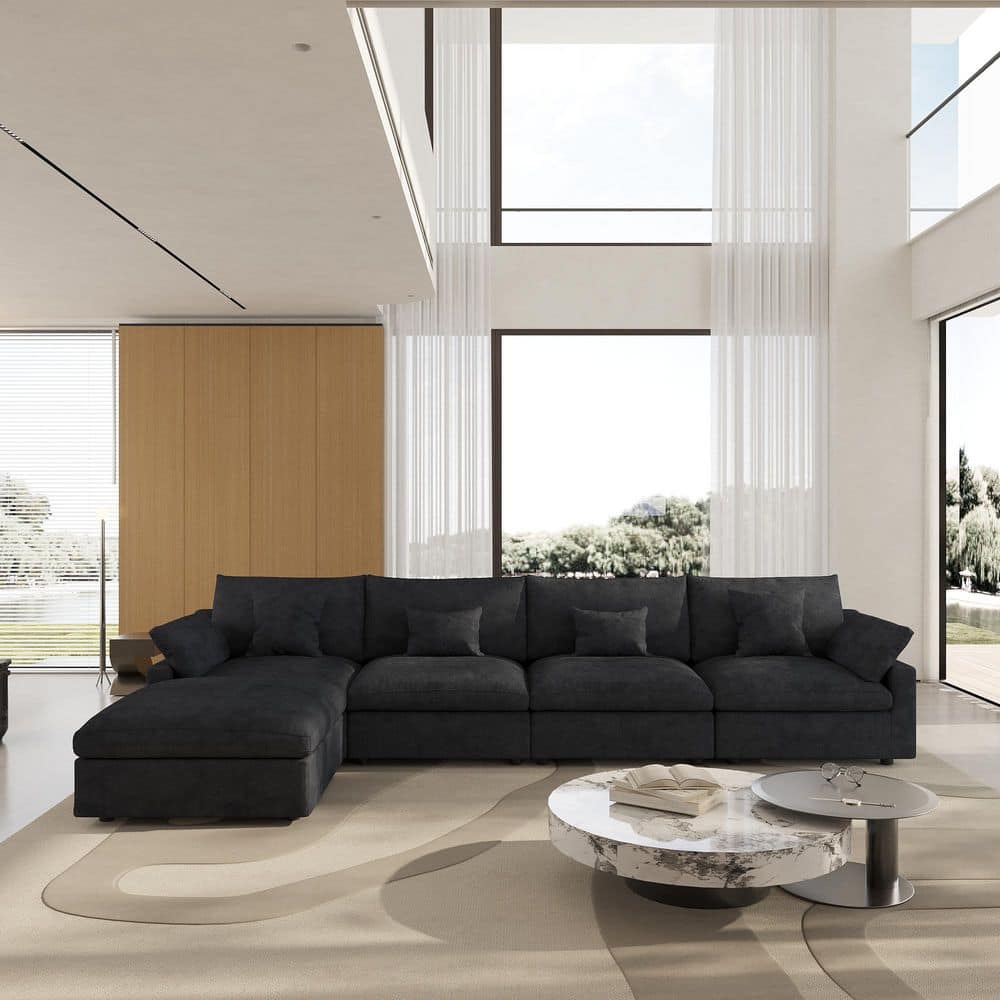 156 in. Square Arm 5-Piece Linen Oversized Down Modular Sectional Sofa w/ Extra Deep Seats and Removable Covers in Black