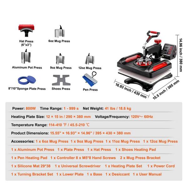 11-in-1 Heat Press Machine – 15x12 Inch Sublimation, 800W, Clamshell, Full Kit