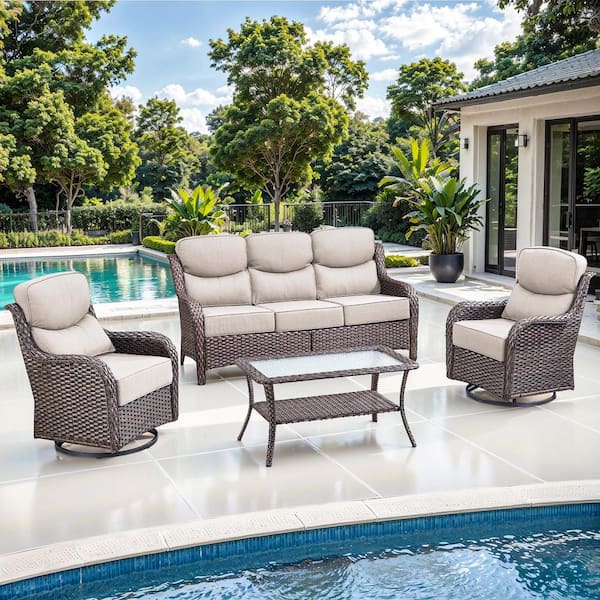 JHXL Brown 4-Piece Wicker Outdoor Patio Conversation Set with Beige Cushions and Swivel Rocking Chairs