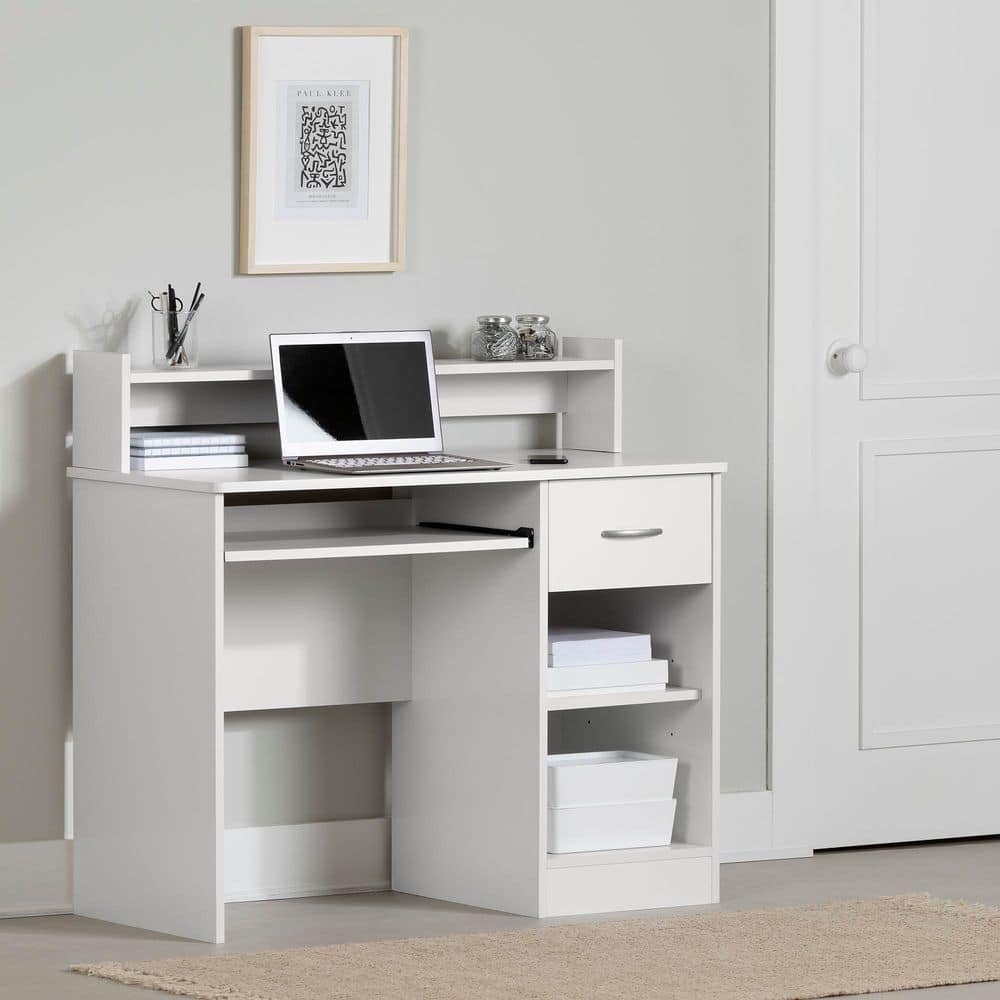 White Wood Computer Desk with Hutch and Drawer