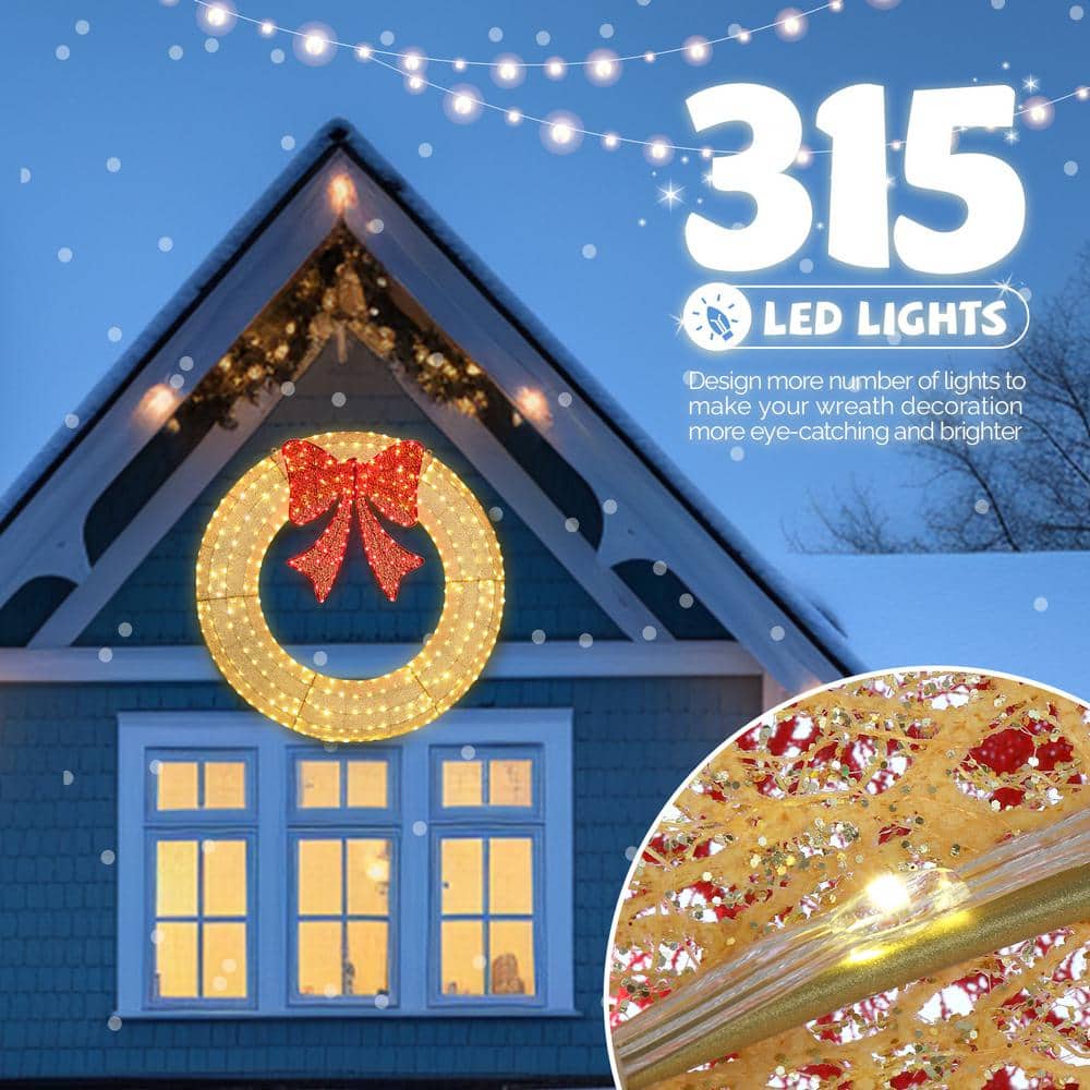 48in Gold LED Pre-Lit Outdoor Christmas Wreath with Red Bow