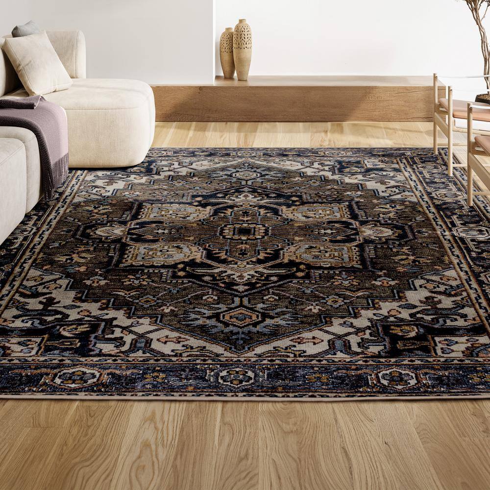 Cirali Green Navy Cream Washable Medallion Area Rug 4' x 6'