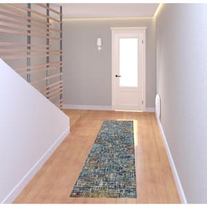 Blue Teal Gold Rust and Beige Abstract 2 ft. x 8 ft. Power Loom Stain Resistant Runner Rug