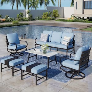 Metal Slatted 7-Seat 6-Piece Outdoor Patio Conversation Set with Blue Cushions and Table with Marble Pattern Top