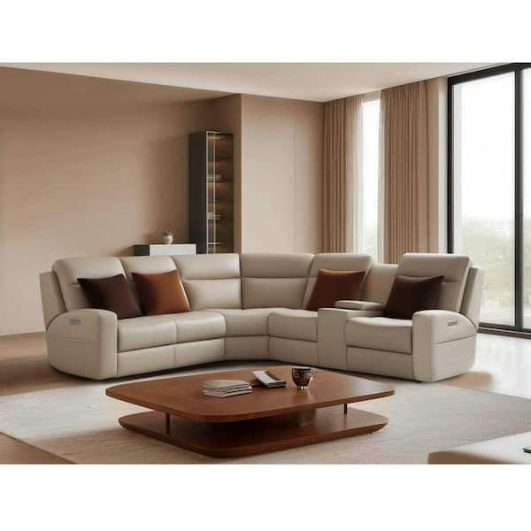 118.5 in. 3 Power Recliners Square Arm 6-Piece Leather Power Reclining Sectional Sofa w/USB, USB-C Ports in Dark Beige