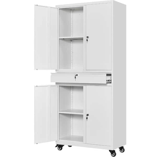 Garage Storage Cabinet with Locking Doors and Adjustable Shelves, Heavy Duty Tool Cabinet with 2 Drawers, White