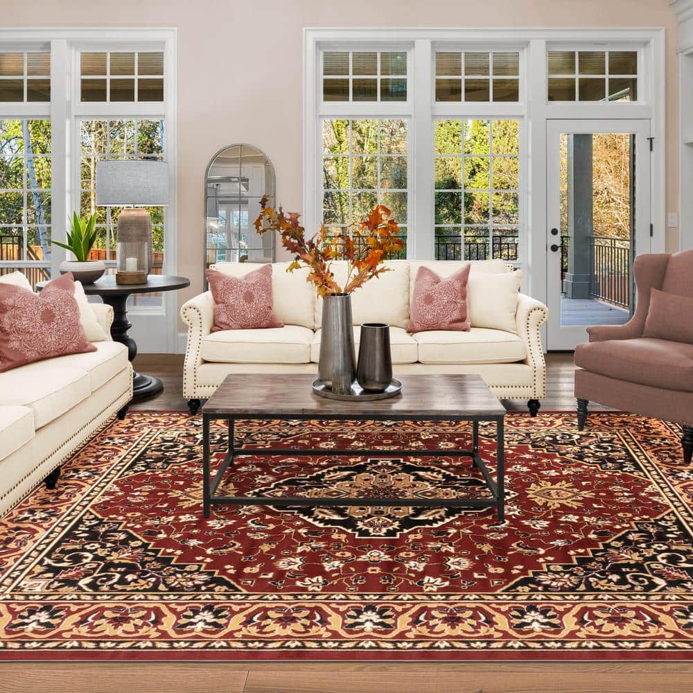 Red Low Pile Synthetic Rectangular Area Rug, 5' x 8'