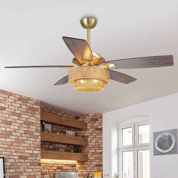 52 in. Indoor Gold Downrod Standard Hemp Rope Weaving Ceiling Fan with Lights,5-Black Blades and Remote Control Included