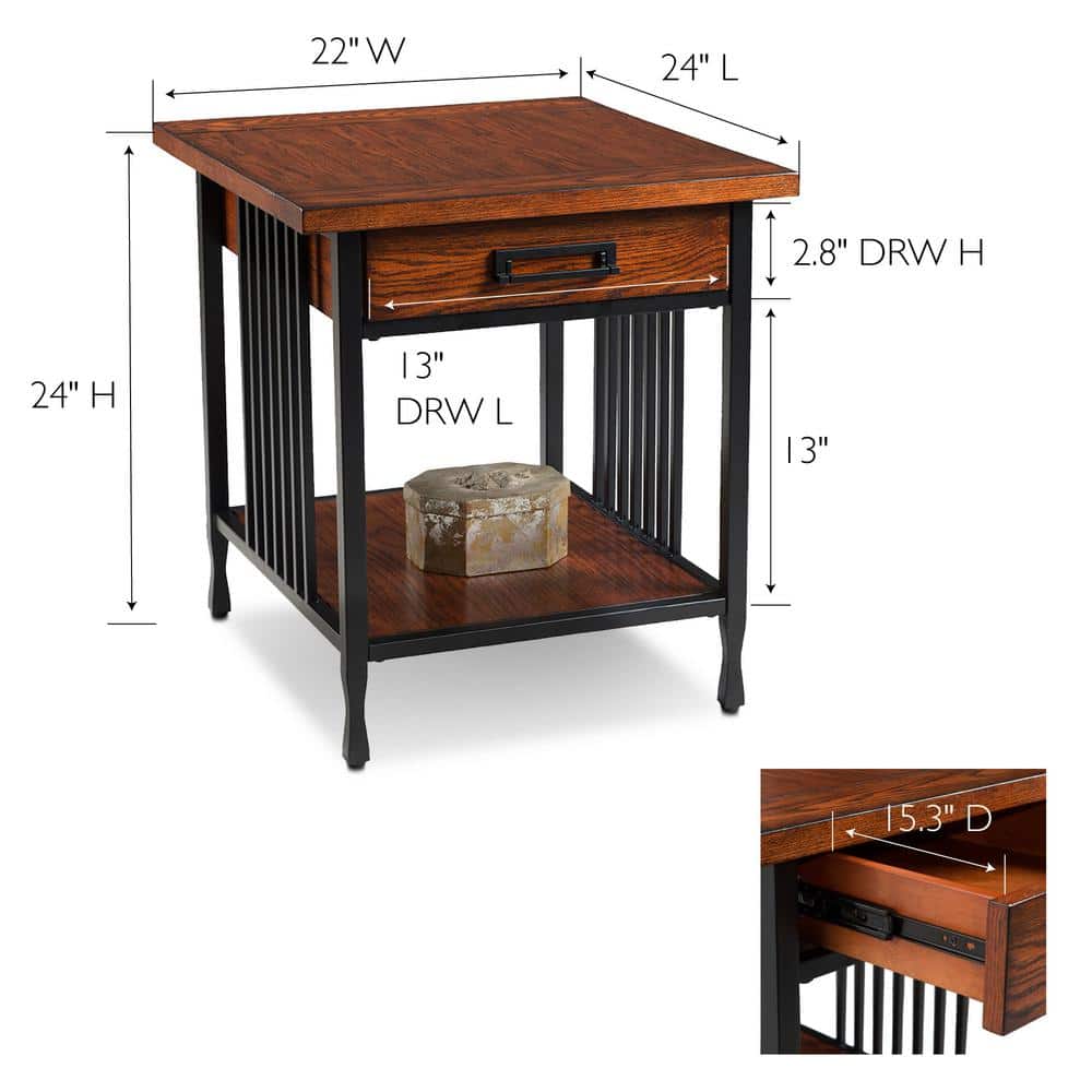 Ironcraft Mission Oak & Matte Black Wood End Table with Drawer
