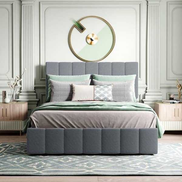 Gray Wood Frame Full Size Platform Bed with A Hydraulic Storage System