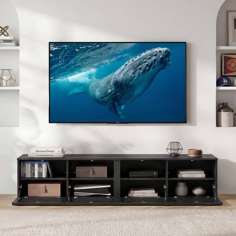 Caleo Black 70 in. LED TV Stand, 4 Door Media Console, Adjustable Shelves, Fluted Entertainment Center for 75 in. TVs