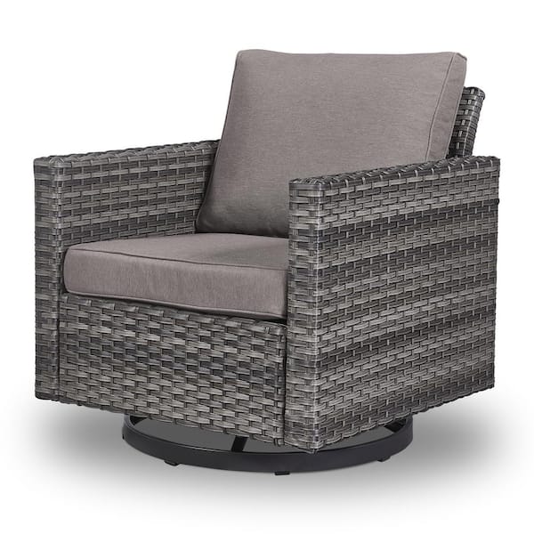 Opohoro U-Weave Metal and Gray Wicker Outdoor Rocking Chair Patio Swivel Chairs with Olefin Gray Cushions