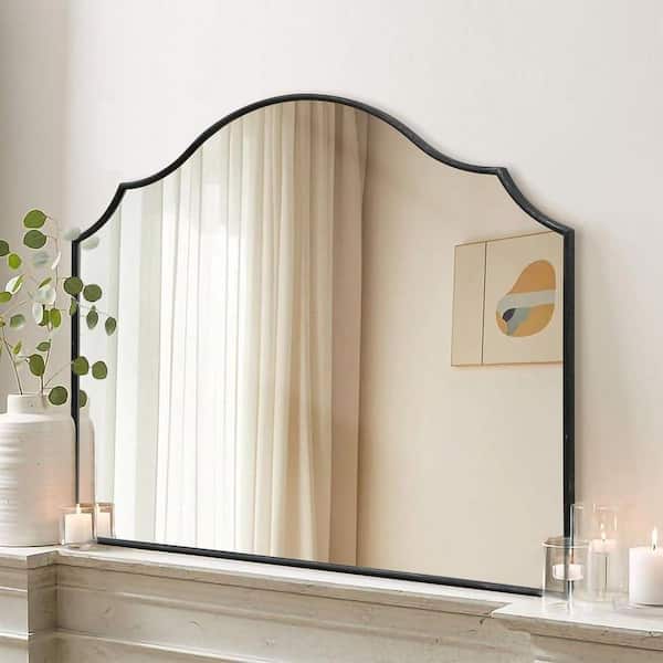 Black 36 in W x 26 in. H Scalloped Arched Mirror, Large Modern Mantle Mirror