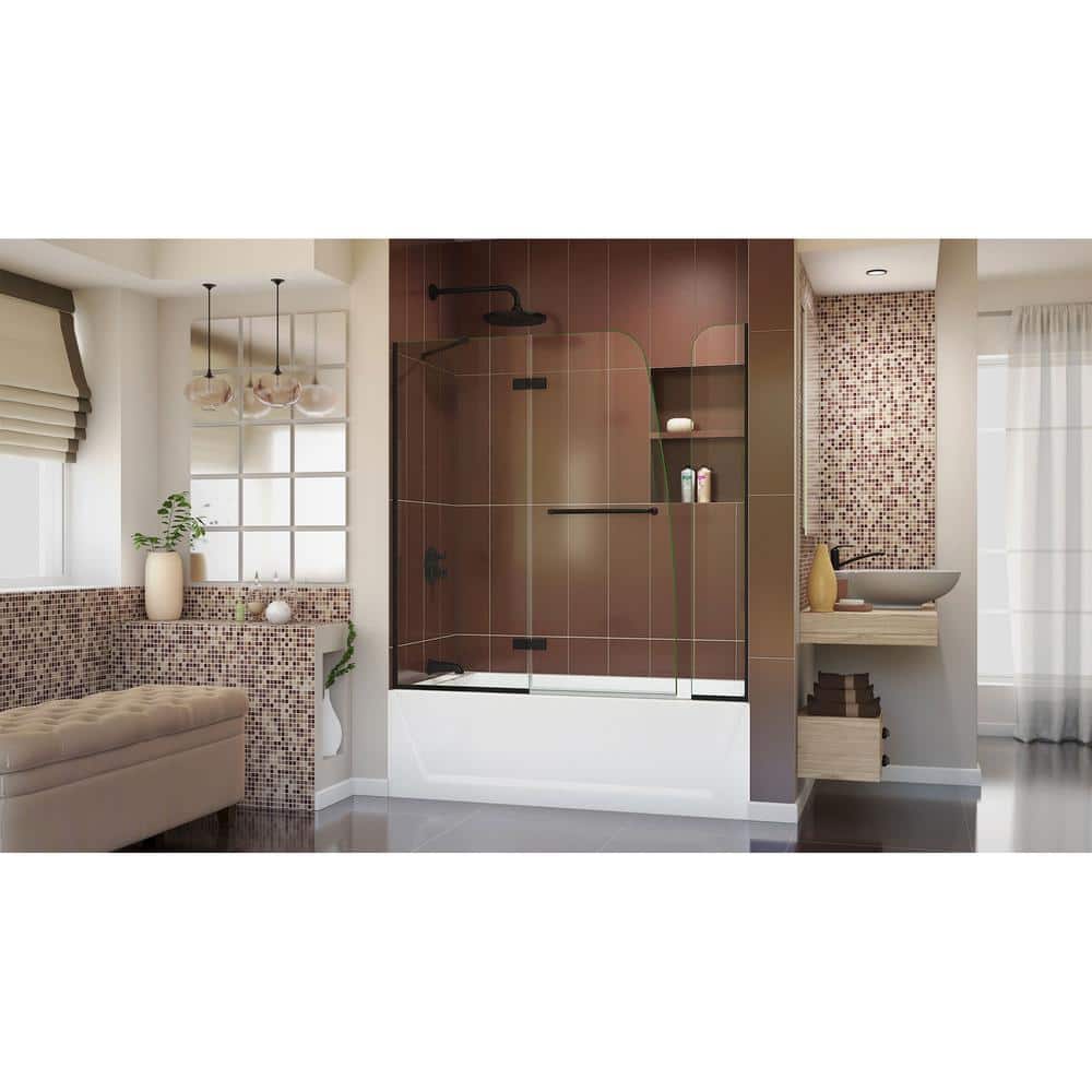 Aqua Ultra Frameless Satin Black Hinged Tub Door with Extender Panel