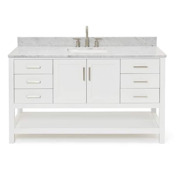 Magnolia 60 in. Single Sink Freestanding Bathroom Vanity in White with 0.75 in. Carrara White Marble Top
