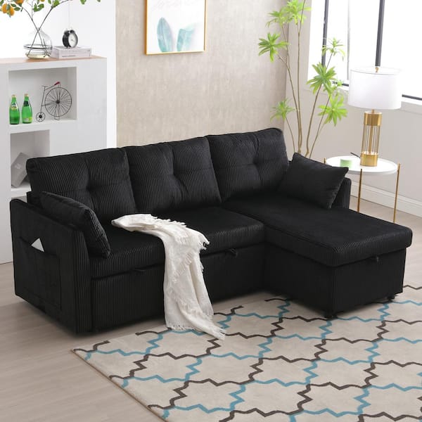 HOMEFUN 81 in. Square Arm 3-Piece Velvet Upholstered L-Shaped Pull-Out Sectional Sofa Bed in Black with Storage Chaise