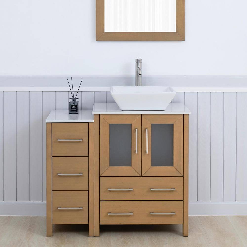36 in. W Single Basin Natural Oak Bath Vanity with White Engineered Marble Top and Mirror