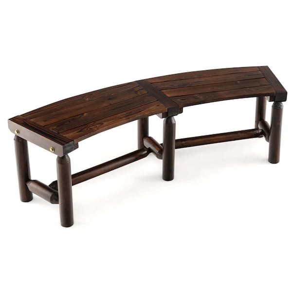 Costway Rustic Brown Wood Outdoor Curved Carbonized Dining Bench for Round Table