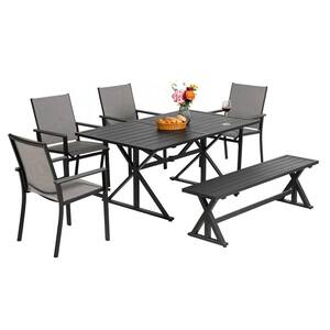 Metal 6-Piece Patio Dining Set Bench, 4-Textilene Chair, 1-Park Bench and Outdoor Table with 1.6 in. 2 in. Umbrella Hole