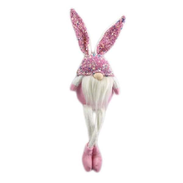 HomeRoots Jute Pink and White Fabric Bunny Rabbit Sitting Gnome