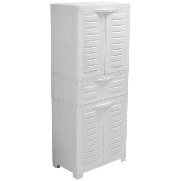 Plastic Storage 23.25" W x 57" H x 13.75" D Freestanding Cabinet with 2 Adjustable Shelves & Drawer in Speckled White