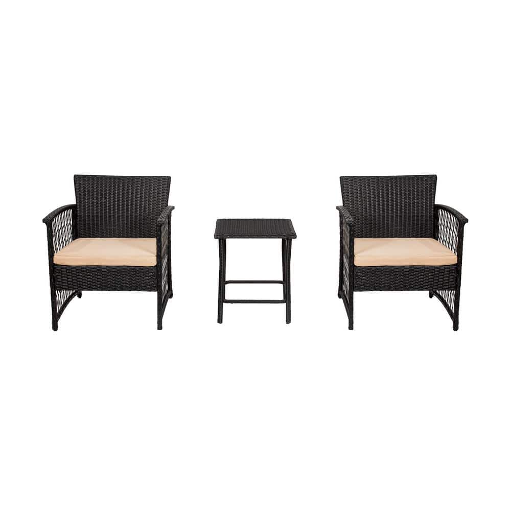 Hillroad Black/Beige 3-Piece Woven Rattan Wicker Patio Set