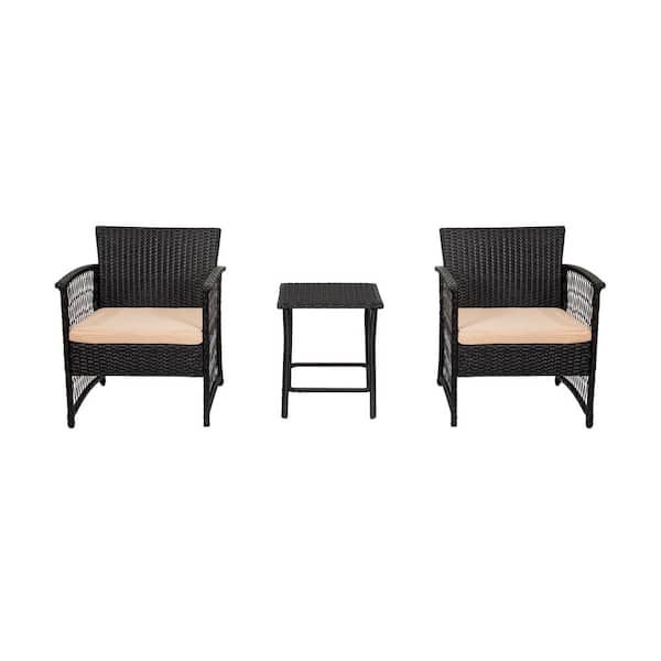 WESTIN OUTDOOR HIGHLAND 3-Piece Black Woven Rattan Wicker Patio Conversation Seating Set with Beige Cushions