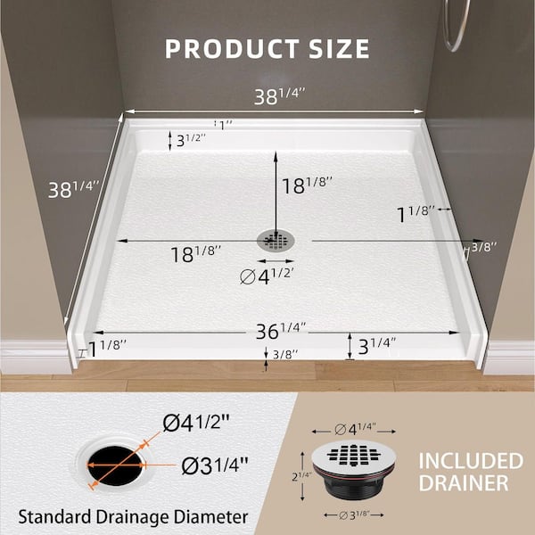 38 in. L x 38 in. W White Alcove Shower Pan Base Acrylic Square ADA Shower Tray with Pre-drill Center Drain Hole