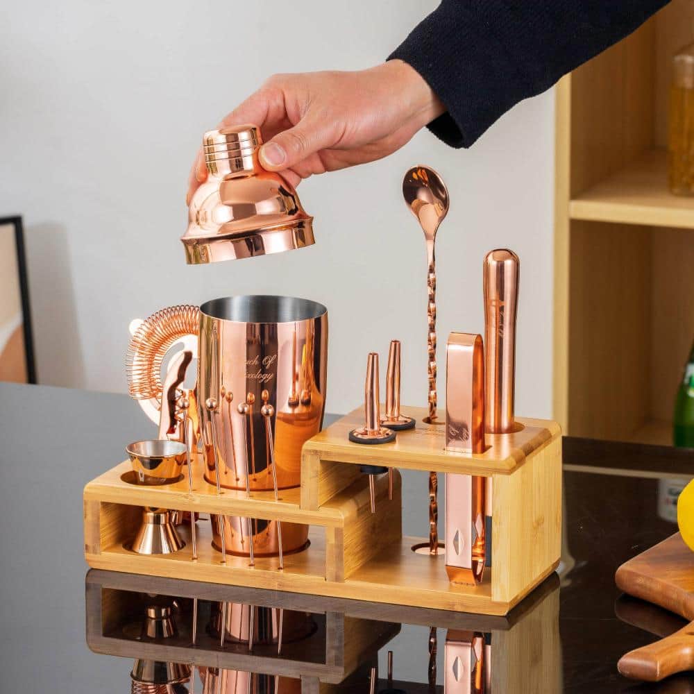 Rose Gold Stainless Steel Bartender Kit with Bamboo Stand