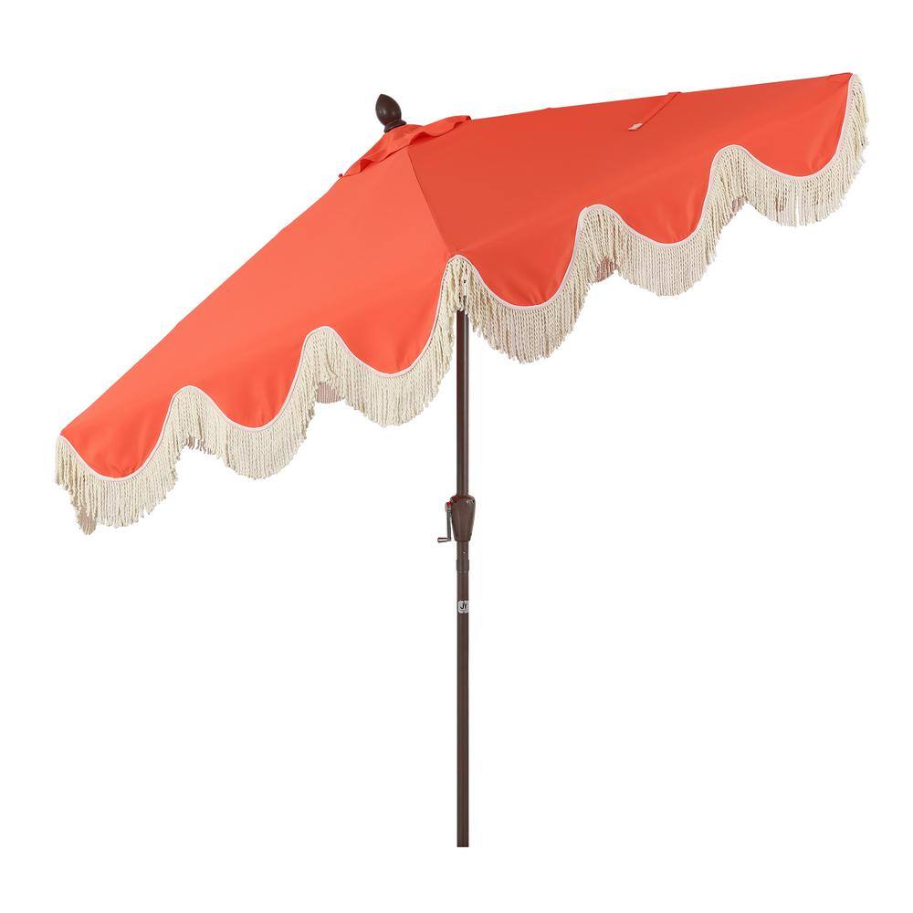 Collins 9 ft. Coral Red and Cream Tassel Patio Umbrella with Auto-Tilt