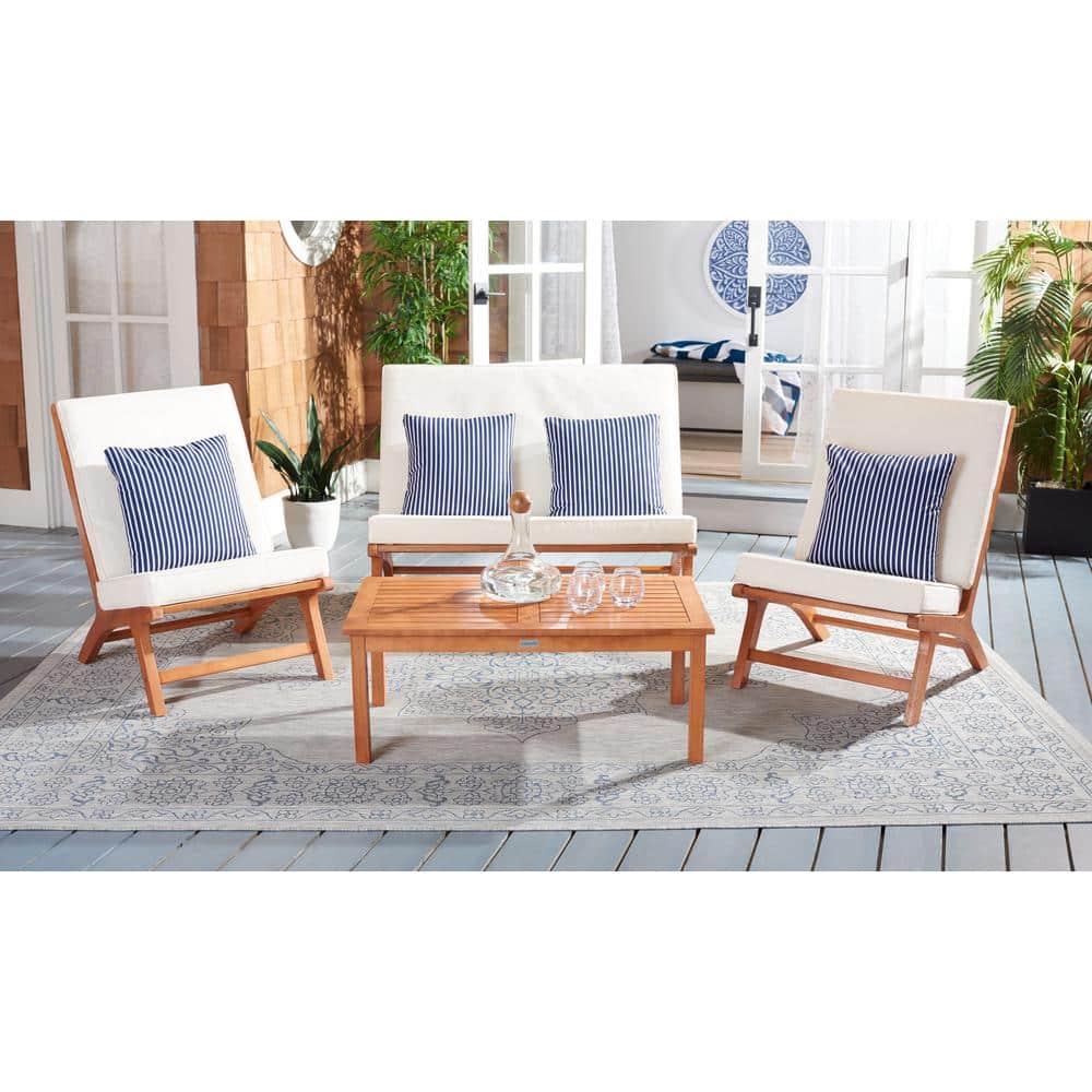 Natural Wood 4-Piece Patio Set with Beige Cushions and Navy Striped Pillows