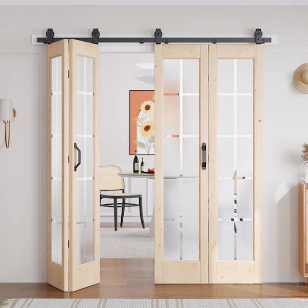 72 in. x 84 in. (Double 36 in. Bi-fold Door) Pre Assembled Frosted Glass Solid Core Wood Brown Bi-fold Door w/ Hardware